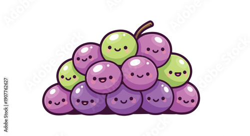 A cartoon bunch of purple and green grapes with smiling faces on a white background, in a playful and colorful illustration.