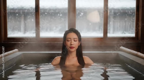 Woman relaxing in a hot tub during snowfall