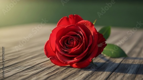 A single red rose on wood