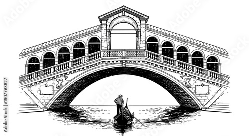 An exquisite hand-drawn black and white illustration captures the iconic Rialto Bridge in Venice, Italy, with a traditional gondola gracefully navigating the canal below.