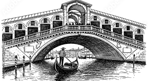 An intricate black and white pen and ink illustration captures the iconic Rialto Bridge in Venice, Italy, with a traditional gondola gracefully navigating the canal below.