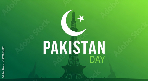 Pakistan day celebration with green background and minar e pakistan monument silhouette