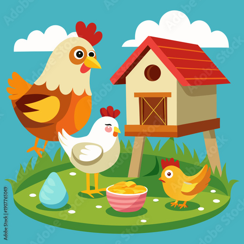 Chicken Family with Rooster, Hen and Chick Near Coop Illustration