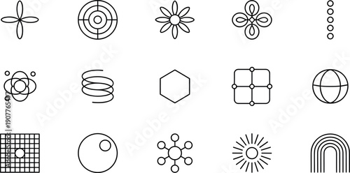 Set of black linear geometric icons featuring abstract floral patterns grid symbols and scientific elements for modern branding and graphic design.