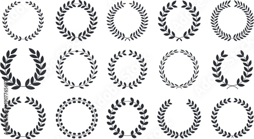 Set of black laurel wreaths and olive branch circular frames for award ceremony achievement victory and leadership symbols on white.