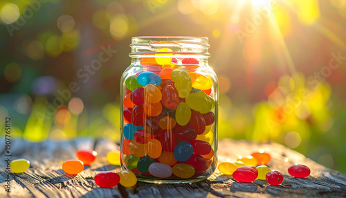 Colorful jelly beans in a glass jar on a wooden surface outdoors.