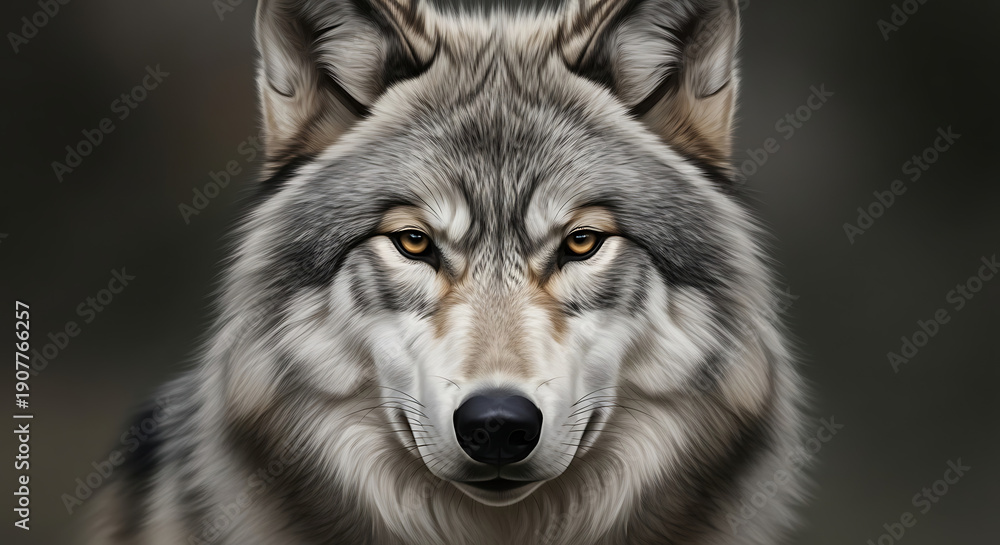Fototapeta premium Realistic Wolf Close-Up Portrait — Fine Art Painterly Style with Intense Forward Gaze, Premium Stock Image