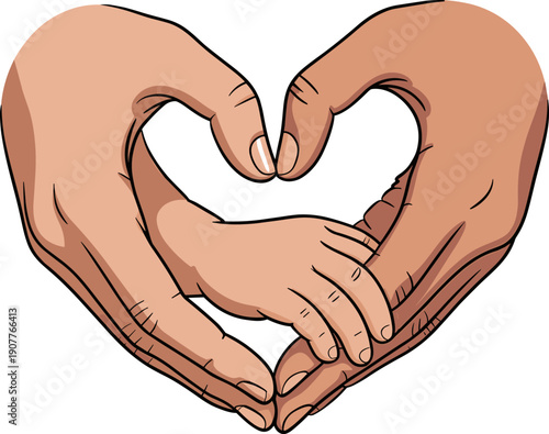 International Mother's Day  Vector Illustration of Adult Hands Forming a Heart Shape Around a Child's Hand, Symbolizing Parental Love, Family Bonding, and Security on a White Isolated Background.