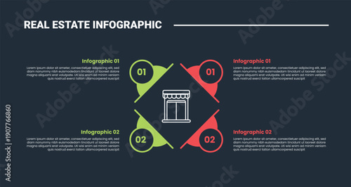 Wallpaper Mural Real estate property infographic process diagram with creative half circle create rhombus empty space with quadrant structure with dark background bright outline style 4 points Torontodigital.ca