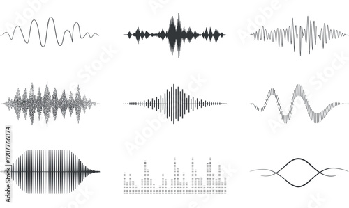 Set of black sound waves and audio equalizer waveforms representing frequency vibration signal processing and music rhythm on white background.