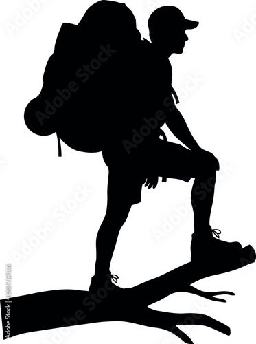 Silhouette of Male Hiker with Backpack Standing on Tree Branch Outdoor Adventure Vector
