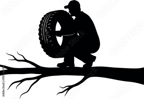Silhouette of Mechanic Changing Tire on Tree Branch Isolated on White Background Vector Illustration
