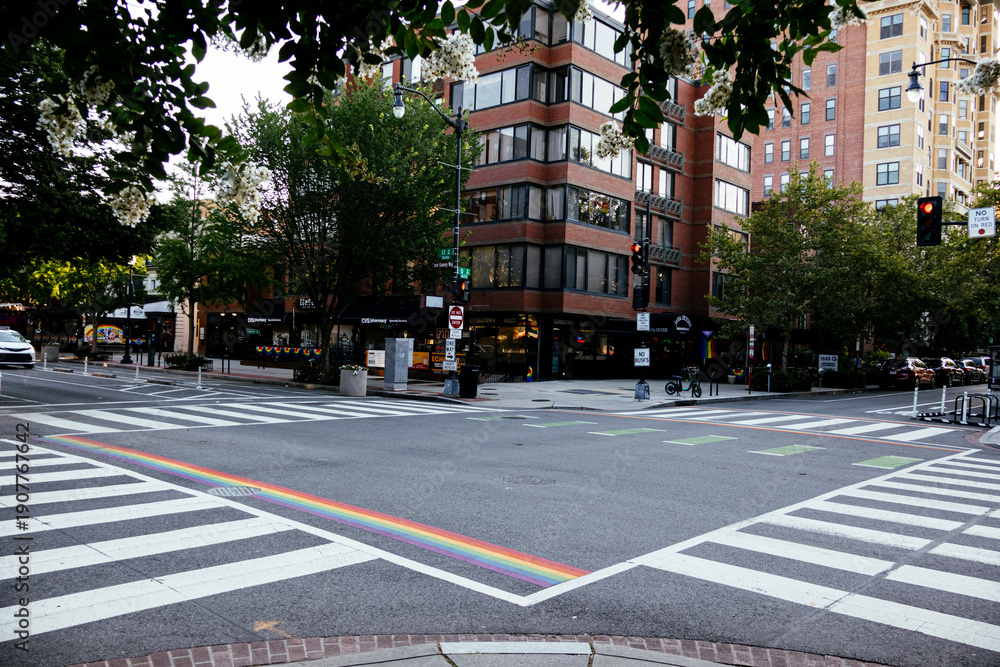 Naklejka premium Rainbow painted bike lane with Pride colors on urban street in Washington DC, USA. g.