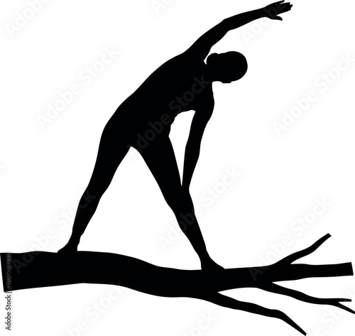 Silhouette of Person Practicing Yoga Stretch Pose on Tree Branch Isolated on White Background