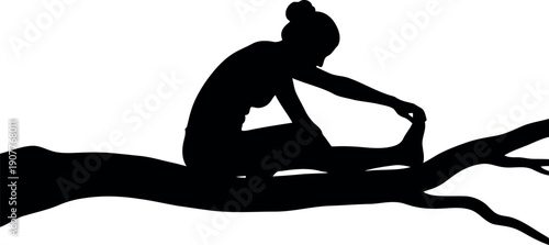 Silhouette of Woman Stretching on Tree Branch Isolated on White Background