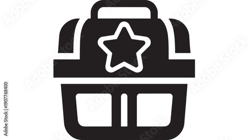 Backpack icon with star badge label, solid black school bag pictogram in flat minimal style, isolated on white background for app UI, web button, education logo