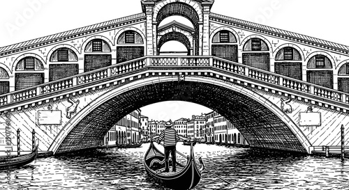 An intricately detailed black and white illustration captures the iconic Rialto Bridge spanning the Grand Canal in Venice, with a gondola gracefully passing underneath.