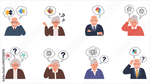 Alzheimer's disease in elderly vector illustration set