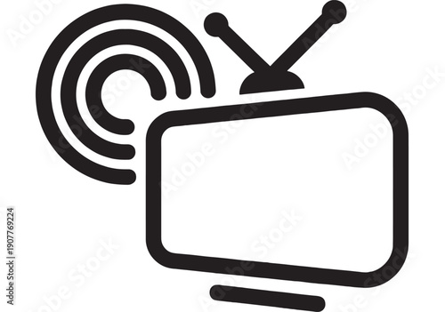 Television broadcast icon with antenna and wireless signal waves, minimalist black outline symbol for streaming, media, communication, web app UI and logo design