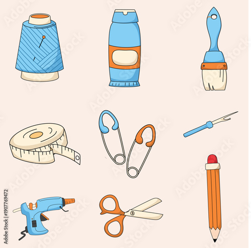 Vibrant Collection of Crafting and Sewing Tools Vector Illustration for DIY Projects and Creative Hobbies. Hand-Drawn Icons for Digital Design Resources and Online Content