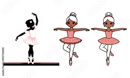 Elegant ballerina silhouette set and charming cartoon dancers
