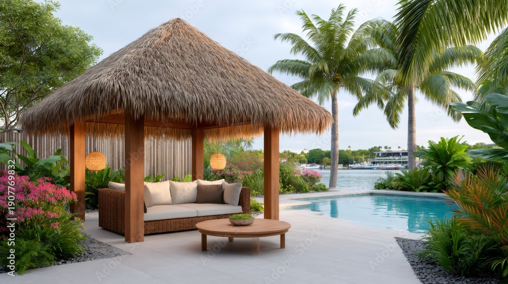 Fototapeta premium Tropical resort lounge area with thatched roof gazebo