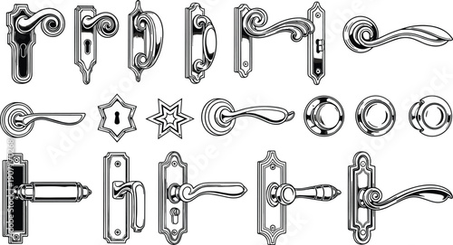 Vintage door handle and knob hardware collection detailed engraved line art vector set classic interior architectural elements isolated