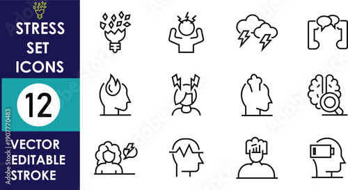 Stress set icons featuring anxious people, headaches, burnout, mental overload, and frustration, presented as clean outline vectors, editable stroke, minimal style for health concepts