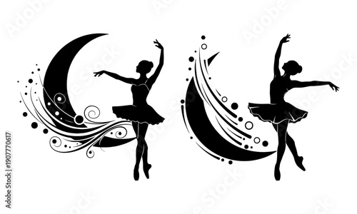 Elegant ballerina silhouette set with moon and stars