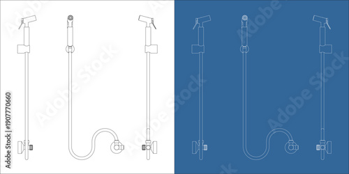 Bidet Washer Handheld Sprayer Multi-view Orthographic Technical Drawing Blueprint