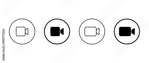 Video camera icon set in circular outline. Multimedia recording, streaming, facetime, and content creation symbol