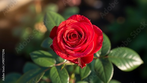 A single red rose with water droplets