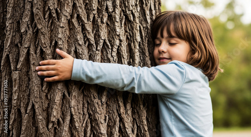Child hugging old oak tree symbolizing harmony with nature