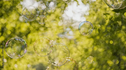 Floating, translucent soap bubbles against a bright green, bokeh background