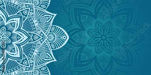 Horizontal color vector mandala banner. Decorative flower mandala on turquoise background. Luxury mandala color vector background. Arabic, islamic east style. Vector color illustration.