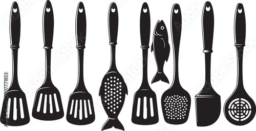 Collection of black kitchen utensils on white background
