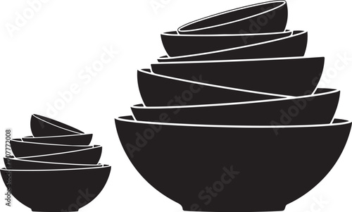 Black bowls stacked in various sizes on white background