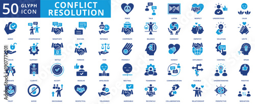 Conflict resolution icon set collection in flat style. icon pack contain peace, talk, listen, respect, understand, calm, agree, solve, mediate, trust