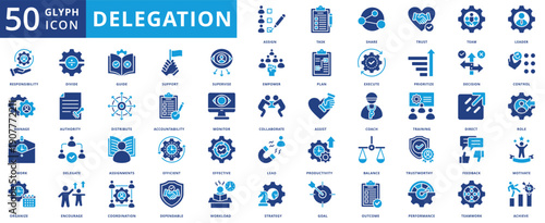 Delegation icon set collection in flat style. icon pack contain assign, task, share, trust, team, leader, responsibility, manage, work, organize