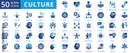 Culture icon set collection in flat style. icon pack contain team, respect, trust, integrity, communication, collaboration, leadership, responsibility, discipline, productivity