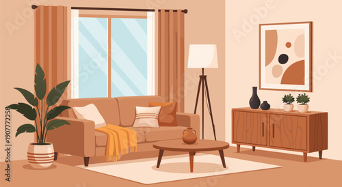Cozy Living Room Interior Design, Modern Home Decor, Vector Illustration