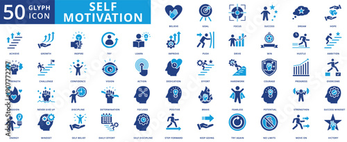 Self motivation icon set collection in flat style. icon pack contain believe, goal, focus, success, dream, hope, achieve, strength, passion, energy