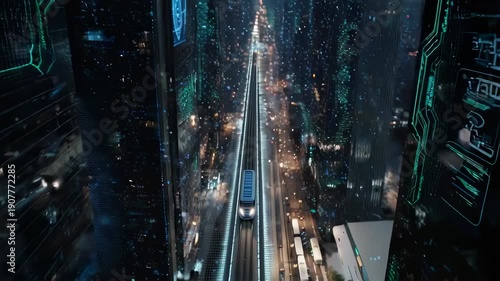 Futuristic cityscape with data displays & a drone, rail line. Neon lights illuminate buildings