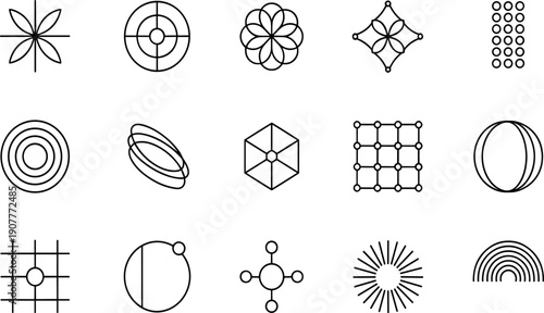 black linear geometric icons featuring abstract floral patterns grid symbols and scientific elements for modern branding and graphic design.