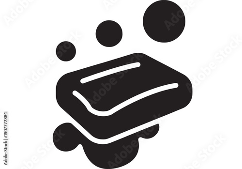 Soap bar icon with bubbles and foam, black solid glyph silhouette isolated on white background, minimal flat vector symbol for hygiene, bathroom cleaning and skincare