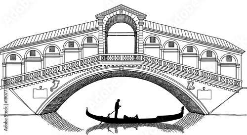 An elegant black and white line art illustration captures the iconic Rialto Bridge in Venice, Italy, with a traditional gondola gracefully navigating the Grand Canal.