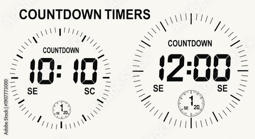 Black and white countdown timers with digital displays and analog seconds indicators for urgent deadlines and time-sensitive events.