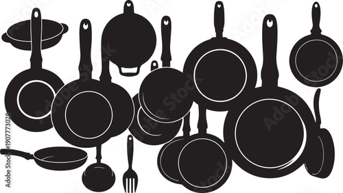 Collection of black kitchen cookware and utensils illustration set