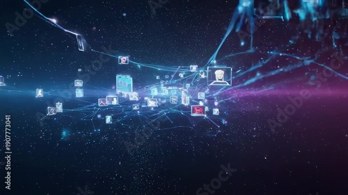Futuristic visualization of networked digital profiles connected in a cosmic, digital space