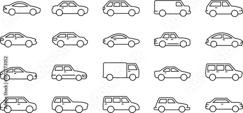 Car outline vector icon set of various vehicle types in minimal black and white line style